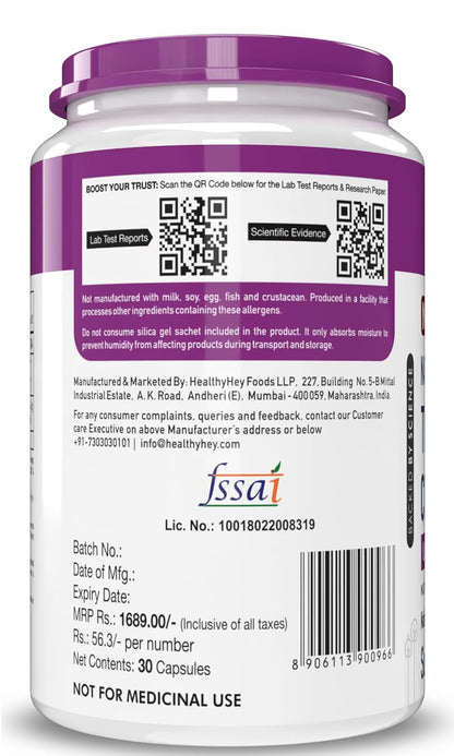 Supplement container with purple lid and white body displaying text and logos.