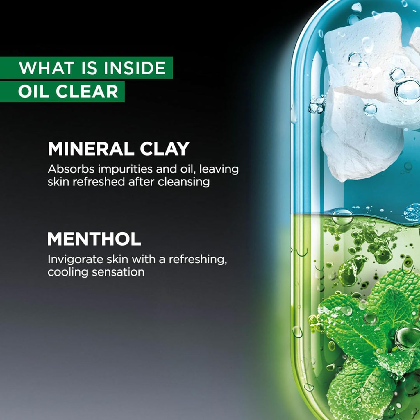 Product packaging with text about mineral clay and menthol ingredients on a dark background