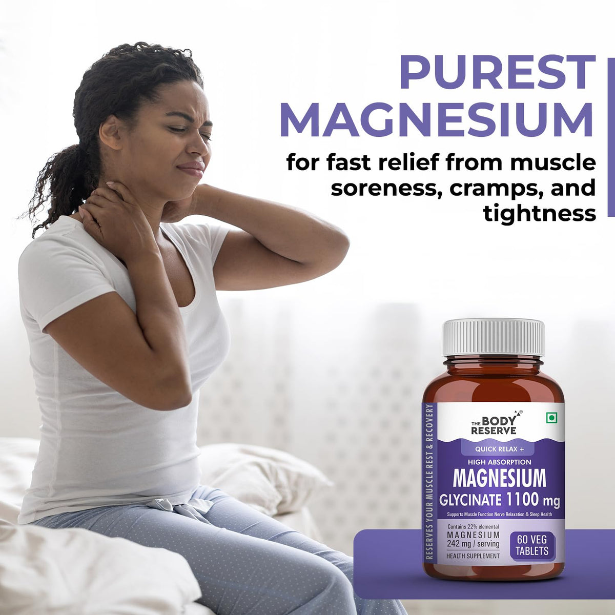 Woman experiencing muscle soreness with a bottle of The Body Reserve Magnesium Glycinate 1100 mg supplement.
