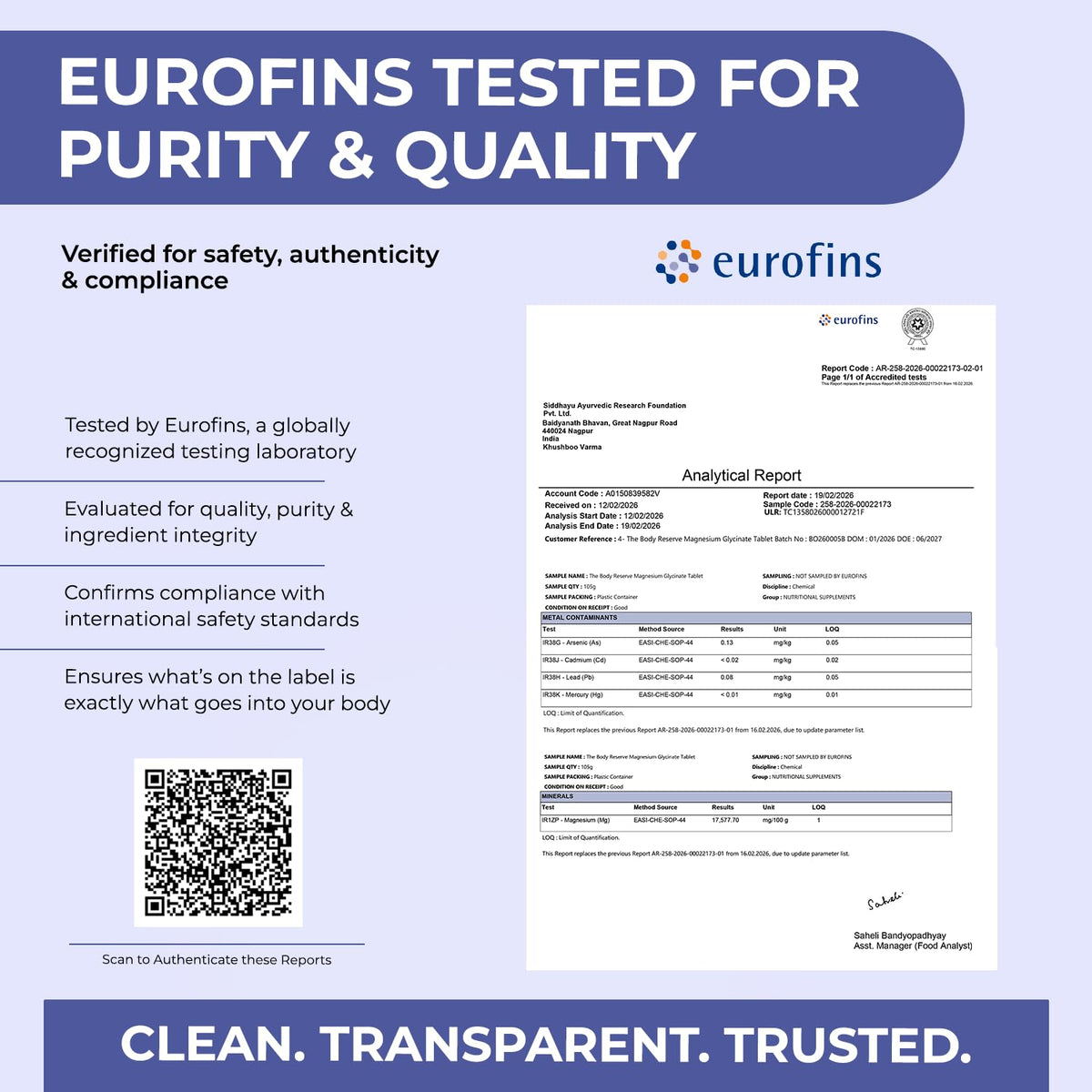 Eurofins quality and purity testing certificate with a blue background