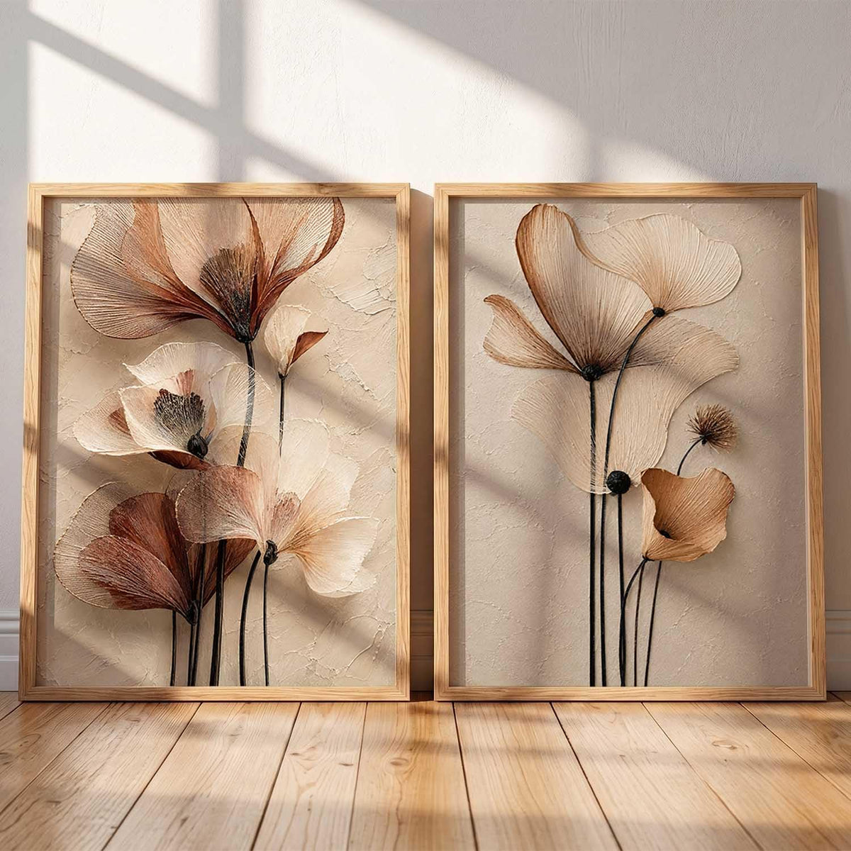 2 Piece Framed Wall Art Set, 3D Textured Floral Botanical Painting, Modern Abstract Flower Wall Decor for Living Room Bedroom Dining Room Office, Ready to Hang, Ideal for Housewarming Gift (design 2, 13X19, Brown)