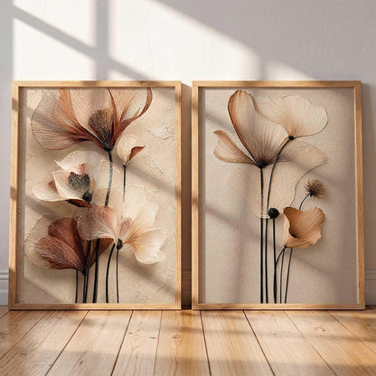 2 Piece Framed Wall Art Set, 3D Textured Floral Botanical Painting, Modern Abstract Flower Wall Decor for Living Room Bedroom Dining Room Office, Ready to Hang, Ideal for Housewarming Gift (design 2, 13X19, Brown)