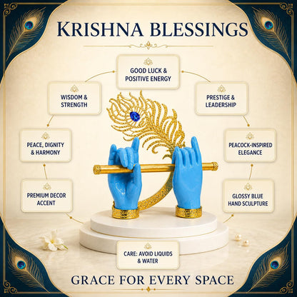 Goldplated Krishna Hand with Flute Idol Peacock Feather Mor Pankh Showpiece,Housewarming Gift, Birthday Anniversary Wedding Janmashtami Gift,Home Decor Decoration Items for Living Room