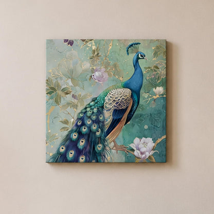 Elegant Peacock Artwork Stretched Canvas Painting for Living Room | Bird Nature Painting Wall Décor Art For Livingroom, Bedroom, Office, Hallways - 16x16 Inch