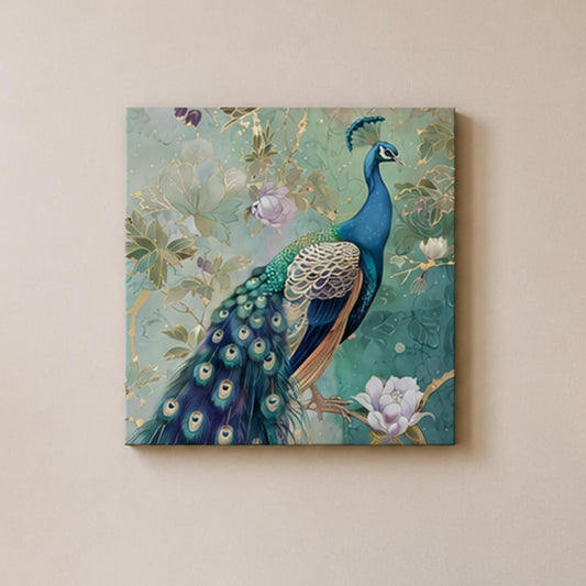 Elegant Peacock Artwork Stretched Canvas Painting for Living Room | Bird Nature Painting Wall Décor Art For Livingroom, Bedroom, Office, Hallways - 16x16 Inch