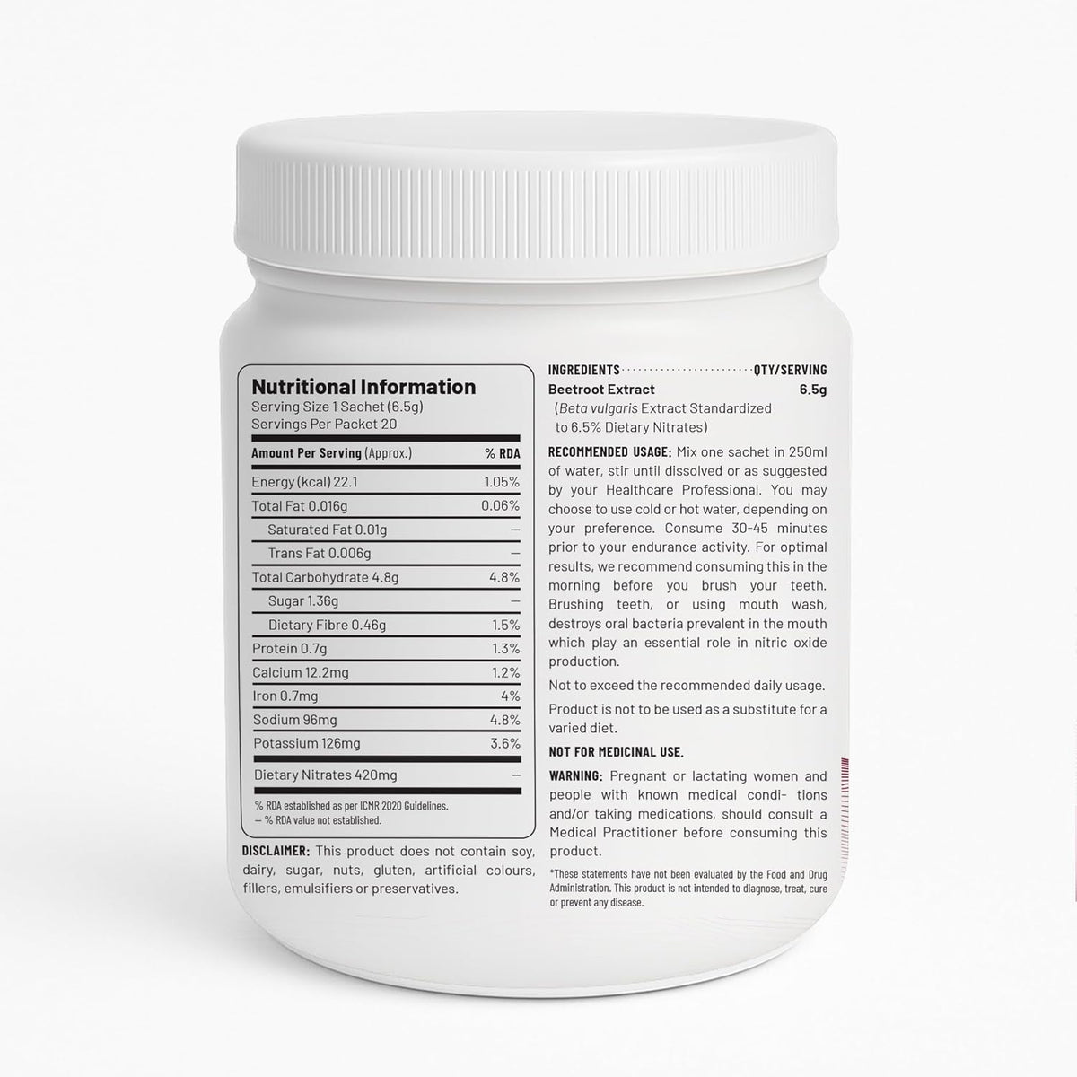 Nutritional information label on a supplement container with a white background
