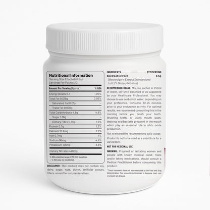 Nutritional information label on a supplement container with a white background