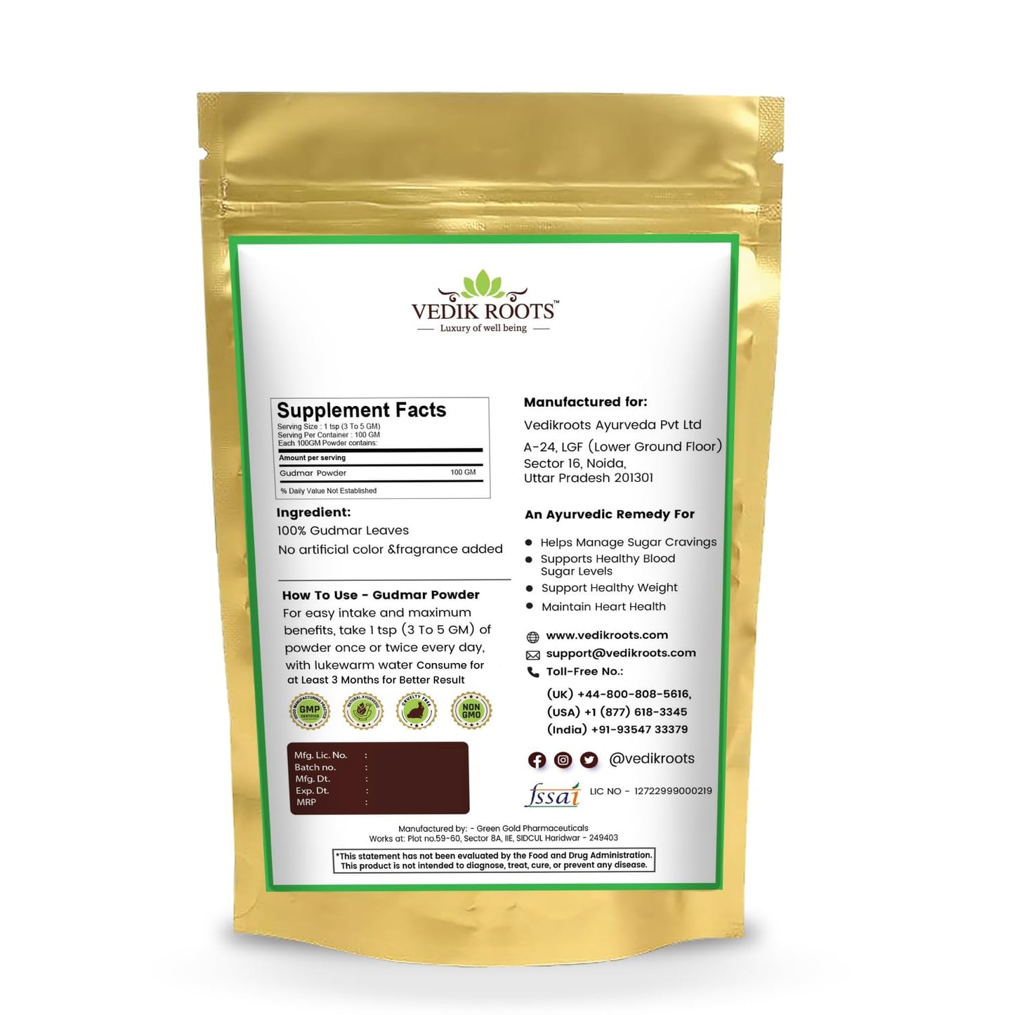 Veikd Roots supplement package with gold and white design on a white background