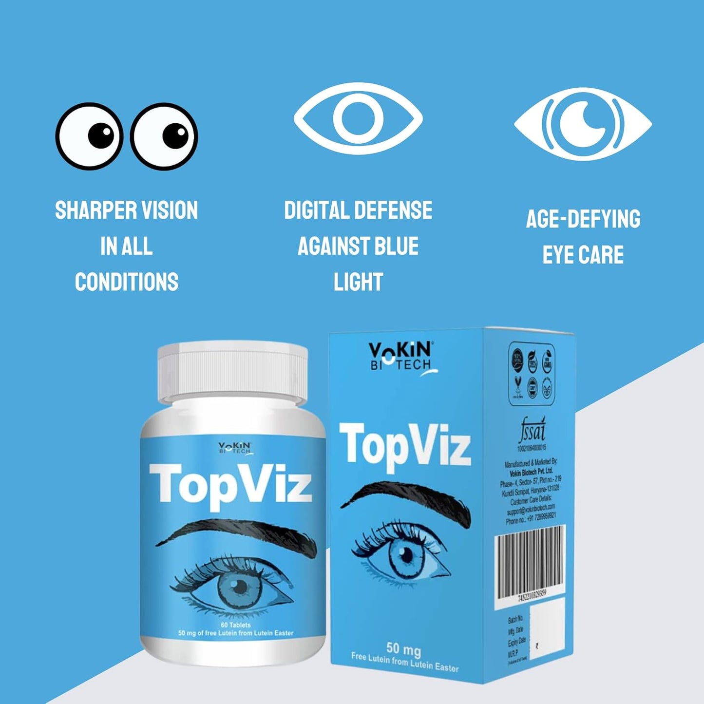 TopViz eye supplement bottle and packaging on a blue background with eye illustrations and text.