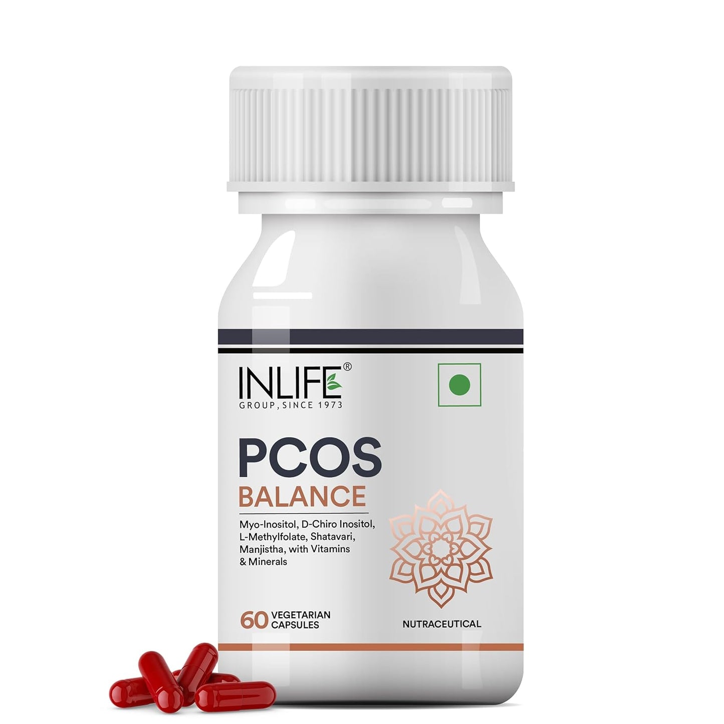 INLIFE PCOS Supplements for Women | PCOS Balance Capsule | Myo Inositol D Chiro Inositol Shatavari Manjistha Vitamins Minerals -60 Vegetarian Capsules (Pack of 1)