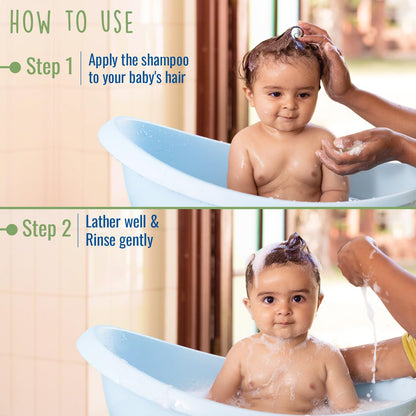 Baby being bathed with instructions on how to use shampoo.