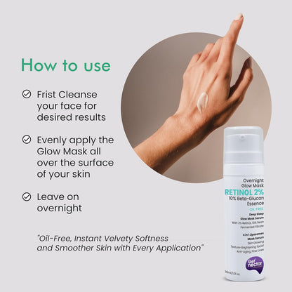 Instructions on how to use a skincare product with a hand applying the mask and a bottle of the product.