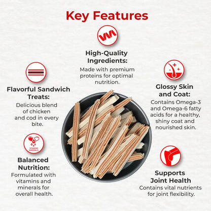 Drools Cod Fish Sandwich Dog Treat, 70 g | Made with Real Chicken & Cod Fish | High Protein Training Treat | for Puppy & Adult Dogs