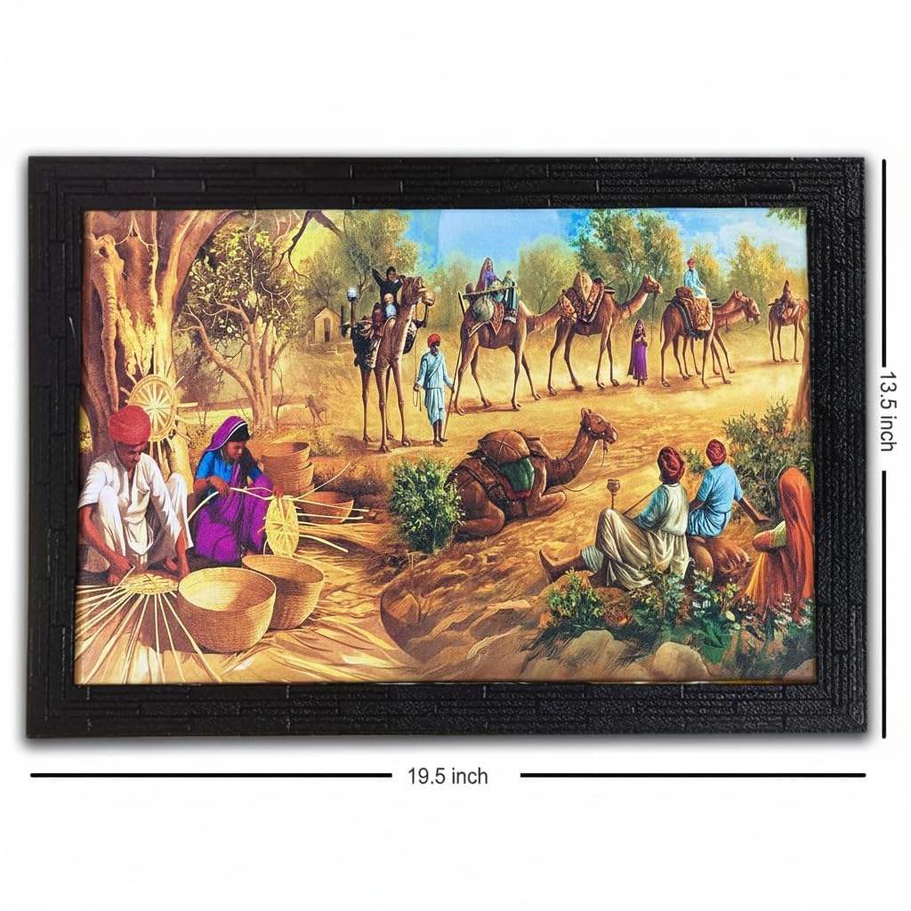 Wood Village Scene Art Framed Painting| Ready To Hnag - (13.5 X 19.5 Inch, Multicolor)