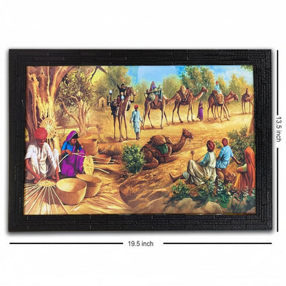 Wood Village Scene Art Framed Painting| Ready To Hnag - (13.5 X 19.5 Inch, Multicolor)