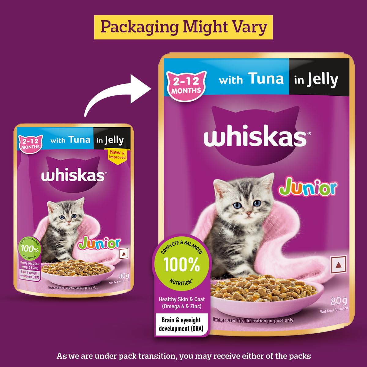 Whiskas Junior Kitten (2-12 Months) Wet Cat Food, Tuna in Jelly, 80 g, Hydrating Food Made With Real Fish, 100% Complete & Balanced Nutrition for Kittens