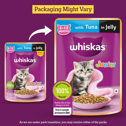 Whiskas Junior Kitten (2-12 Months) Wet Cat Food, Tuna in Jelly, 80 g, Hydrating Food Made With Real Fish, 100% Complete & Balanced Nutrition for Kittens