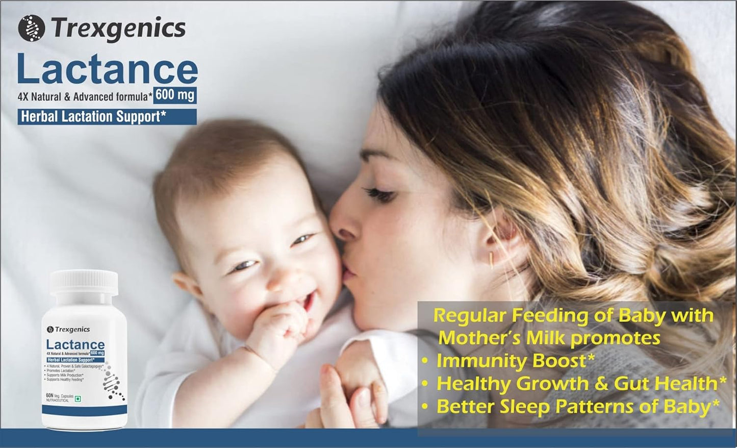 Advertisement for Trexegenics Lactance with a woman and baby, highlighting benefits of mother's milk.