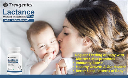 Advertisement for Trexegenics Lactance with a woman and baby, highlighting benefits of mother's milk.