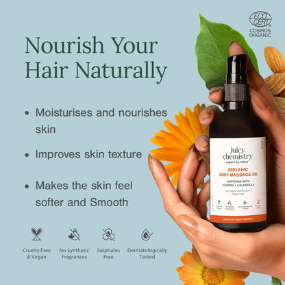 Juicy Chemistry Organic Baby Massage Oil with Almond + Calendula, 100 ml | Moisturises & Nourishes Skin | Soft & Smooth Skin | Dermatologically Tested | Certified Organic | Non-Toxic & Safe for Newborns