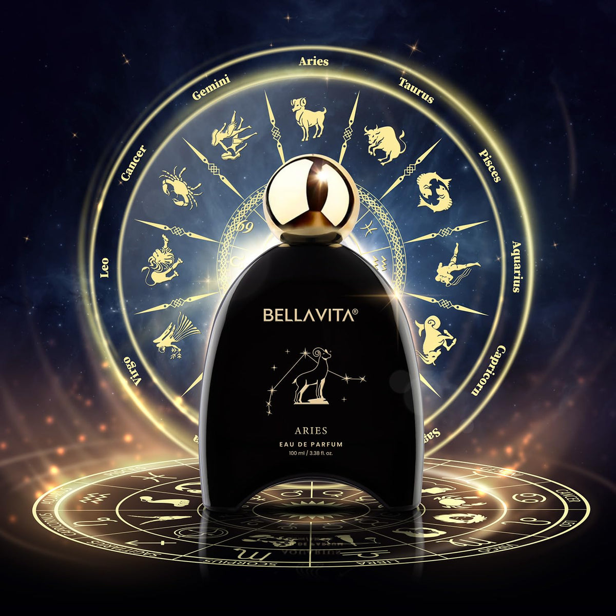 Bottle of Bellavita Aries perfume with zodiac symbols in the background