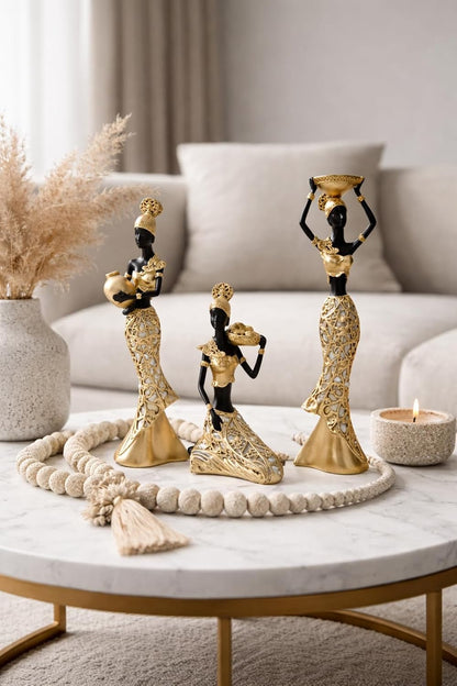 Vibrant Beautiful Finish Uniquely Hand Crafted Home Decor African Tribal Women Art Piece (African Lady Working Set of 3)