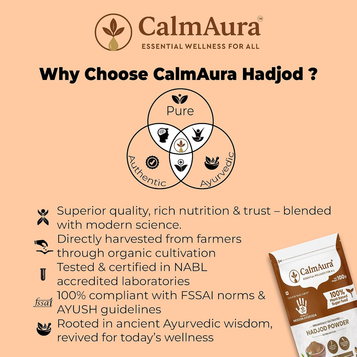 CalmAura Hadjod Powder Cissus Quadrangularis | Ayurvedic Bone Strength & Fracture Recovery Supplement | Joint Pain Relief & Ligament Support | Natural Calcium Herbal Powder 100g