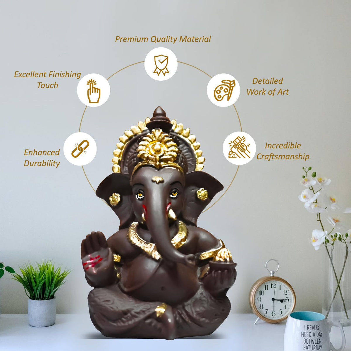 Gold Plated Ganesha Idol for Office Desk Puja Room God Ganesha Idol for Home Decor Ganpati for Sculpture, Religious Gift 3.5 inches (8.89 x 5.08 cm) (Brown), Resin, Religious