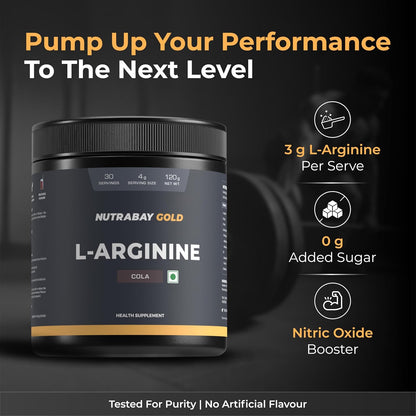 NUTRABAY GOLD L-Arginine supplement container with product details on a dark background