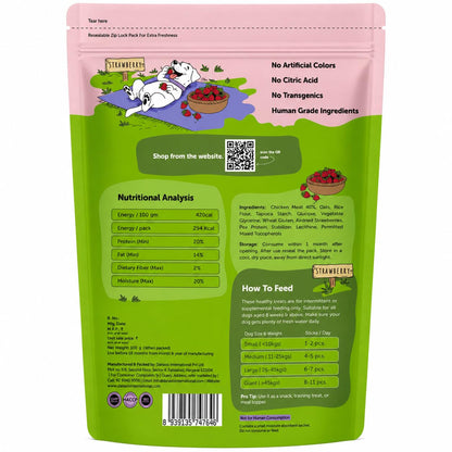 Dogs & Tiddles Strawberry & Real Chicken Dog Treats for Puppies & Adult Dogs, 100g | Soft & Chewy Puppy Treats | with Vitamin E & Antioxidants|Tasty Training Treats and Dog Snacks