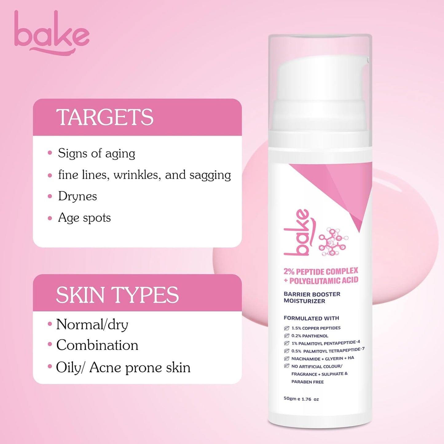 BAKE 2% Peptide Complex Moisturizer with Polyglutamic Acid, 1.5% Copper Peptides, Niacinamide for Barrier Repair & Strengthening | Non Comedogenic, For Oily, Normal & Sensitive Skin - 50g