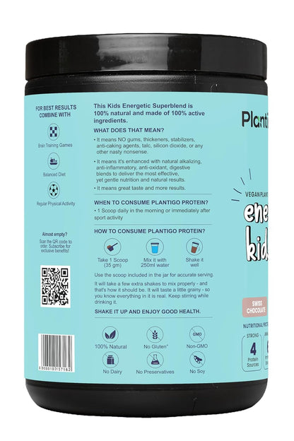 Plantigo Kids Protein 14g, 11 Vitamins, 8 Minerals, Vegan Nutrition Supplement | Muscle, Bone Growth & Brain Health | Plant Based Protein Powder for Kids 10+ years | (Swiss Chocolate Flavor - 500g)