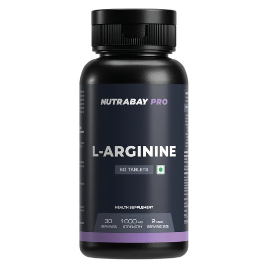 Black supplement bottle labeled 'NUTRABAY PRO L-Arginine' on a white background