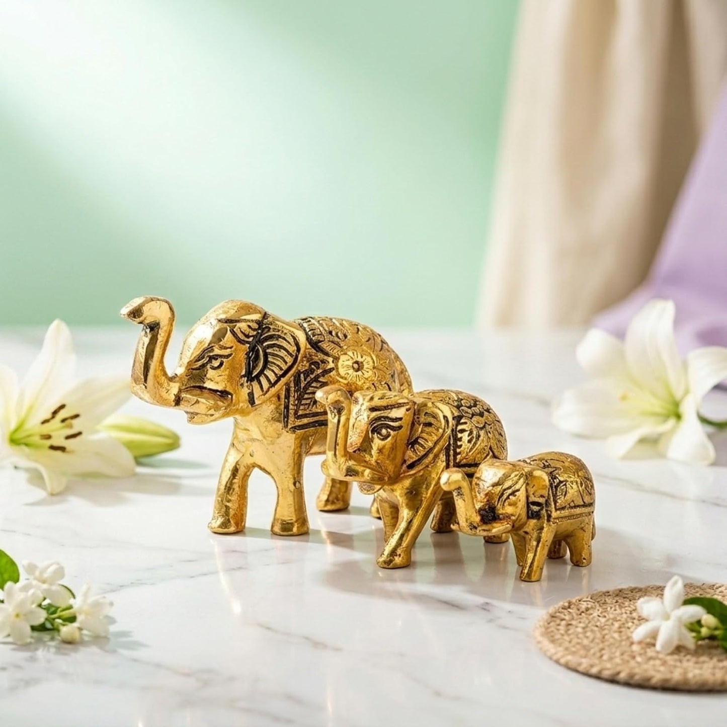 eCraftIndia Set of 3 Golden Metal Elephant Statues for Good Luck| Animal Figurines Decorative Elephant Showpieces| Elephant Decorative Items for Home Living Room Office| Gift for Diwali Housewarming