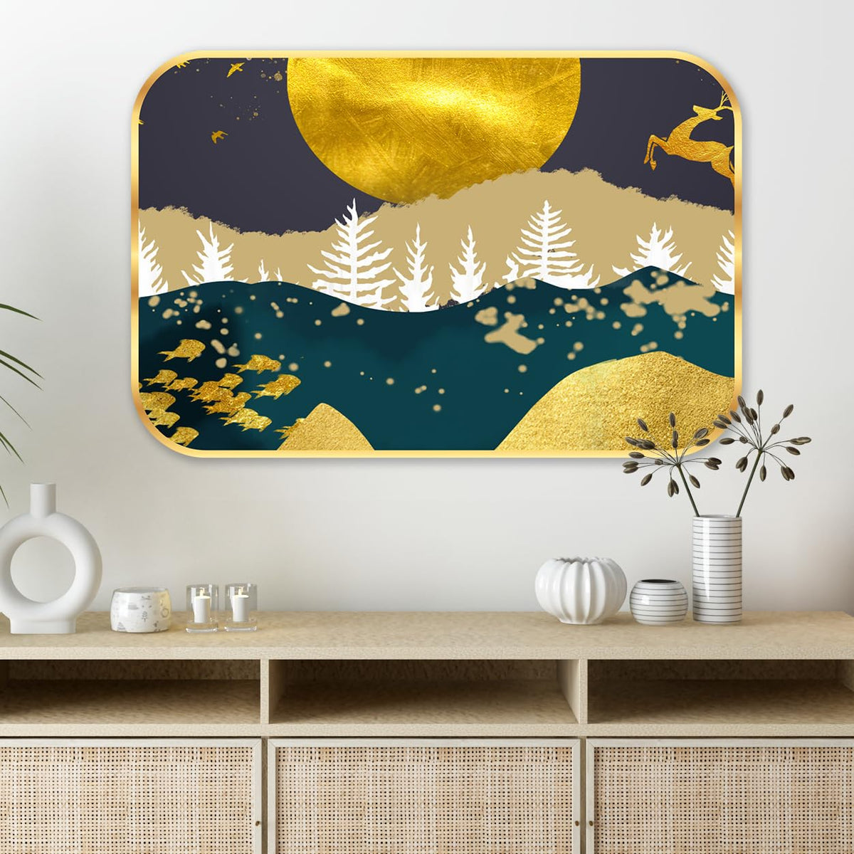 Abstract deer modern art Premium Sparkle Lamination Finished Surface Golden Slim Frame 30 cm x 46 cm Large Size, For Home/Office/Hotel painting MG22
