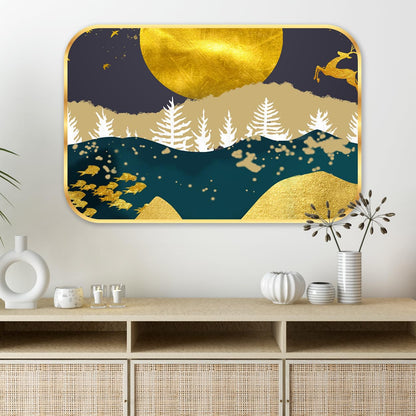 Abstract deer modern art Premium Sparkle Lamination Finished Surface Golden Slim Frame 30 cm x 46 cm Large Size, For Home/Office/Hotel painting MG22
