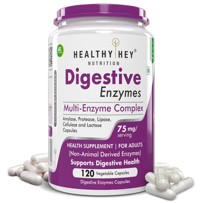 Healthy Hey Nutrition Digestive Enzymes supplement bottle with purple cap and label on a white background
