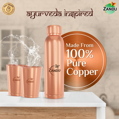 Zandu Copper Gift Set Pack (1 Bottle & 2 Tumbler): Made with 100% Pure Copper |Supports Digestive & Liver Health | Helps Enhance Immunity| Useful in Promoting Overall Health (Pack of 950ml & 2x300ml)