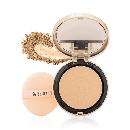 Swiss Beauty Select Born To Last Compact Powder | 3-in-1 Skin Perfection | Oil Control | Blurs Pores | Matte Finish | Fresh Makeup for hours | With Squalane & Vitamin E | 6.5g, Shade- 2. Sunlit Sand