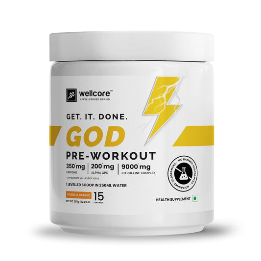 Wellcore - God Mode Pre Workout Supplement (285g Powder, 15 Servings) | Valencia Orange | Only For Serious Lifters | Pre Workout For Men And Women With Caffeine & Creatine