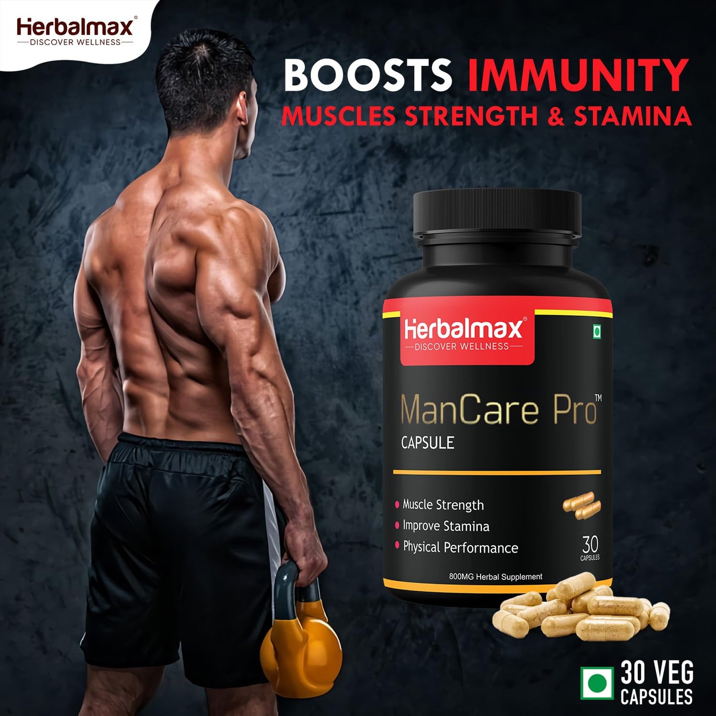 Herbalmax ManCare Pro Capsules – 800mg | With Safed Musli, Shilajit, Ashwagandha, Vaidarikandra & Kaunch Beej Extract | Supports Muscle Strength, Stamina & Physical Performance – 30 Capsules