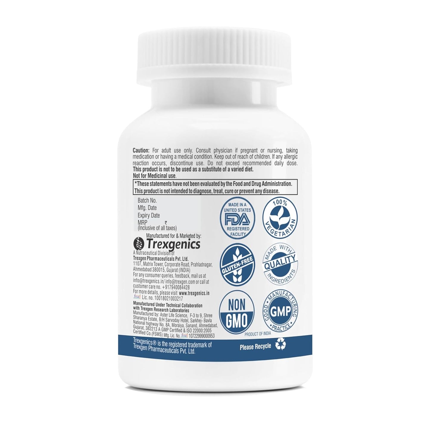 Supplement bottle with label featuring logos and text on a white background