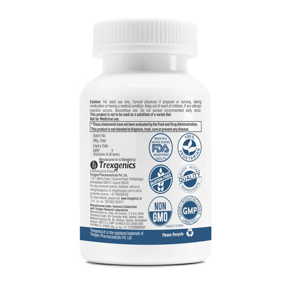 Supplement bottle with label featuring logos and text on a white background