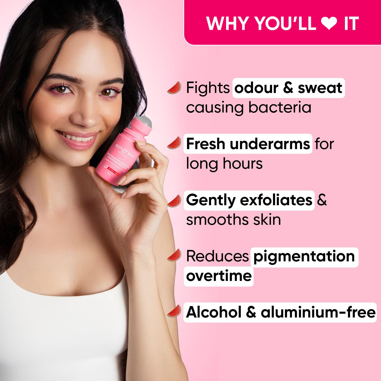 Zephivo Dot & Key Watermelon Cooling Underarm Roll On | Odour & Sweat Controls | 4% AHA + BHA | Fresh Aqua Fragrance | Gently Exfoliates & Smooths Skin | For Men & Women | 50ml
