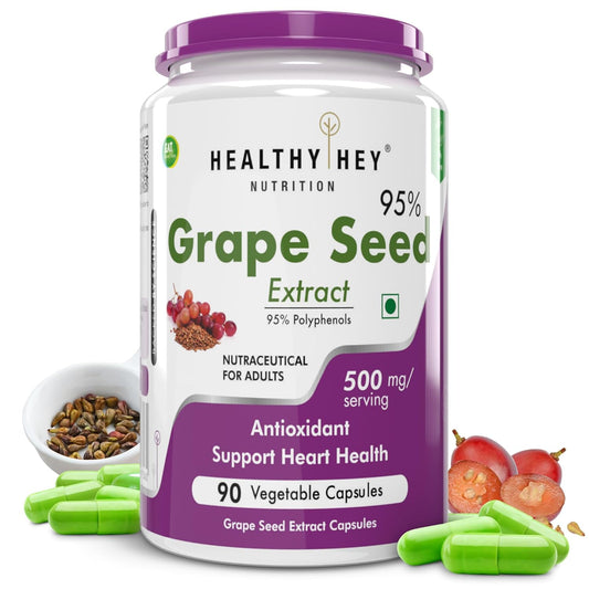 Grape Seed Extract supplement container with capsules and grapes on a white background