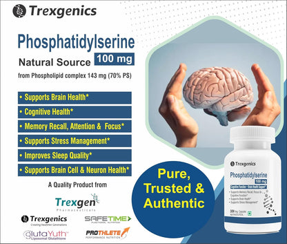 Trexgenics Phosphatidylserine supplement advertisement with brain illustration and product packaging.