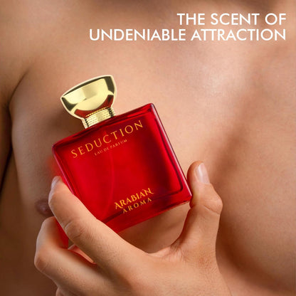 Red perfume bottle with gold cap held by a hand, against a blurred background with 'Seduction' text.