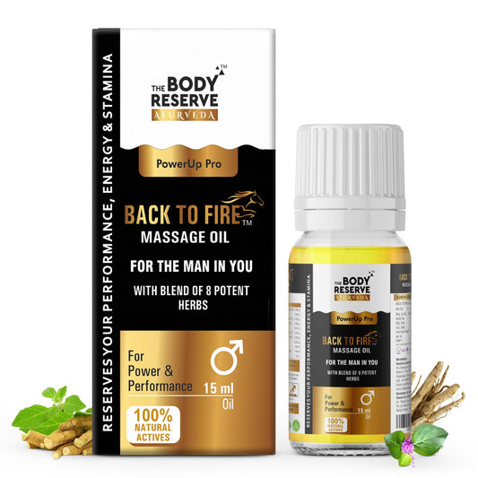 Body Reserve Back to Fire massage oil packaging and bottle on a white background