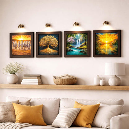 Vastu Combo Set | Rising Sun Sunrise | Waterfall Running Water | Golden Tree Kalpvriksh | Seven 7 White Running Horse | Set of 4 | Framed Poster