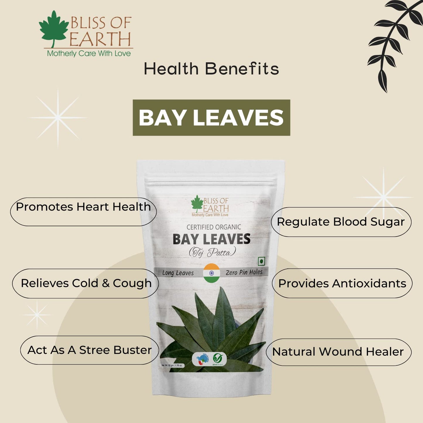 Bliss of Earth Certified Organic Indian Bay Leaves With Zero Pin Holes & Zero Dust, A1 Grade Tej Patta With Uniform Green Color, 50gm